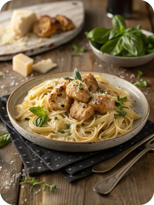 Creamy parmesan sauce being mixed with pasta