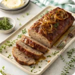 Overhead view of French onion meatloaf with cheese and onion topping