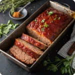 Homemade spicy meatloaf with glaze being served from baking dish
