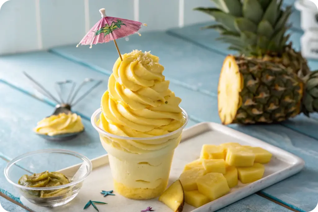 Homemade Dole Whip made with Ninja Creami swirled in cup with pineapple garnish