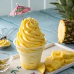 Homemade Dole Whip made with Ninja Creami swirled in cup with pineapple garnish