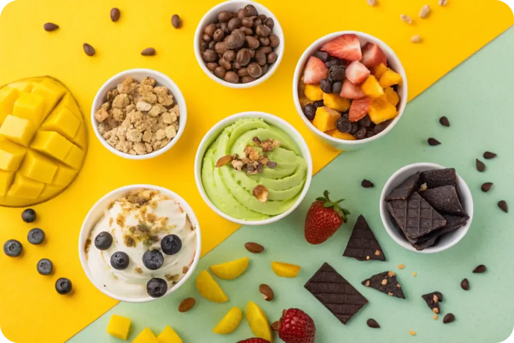  Different frozen yogurt flavors with toppings