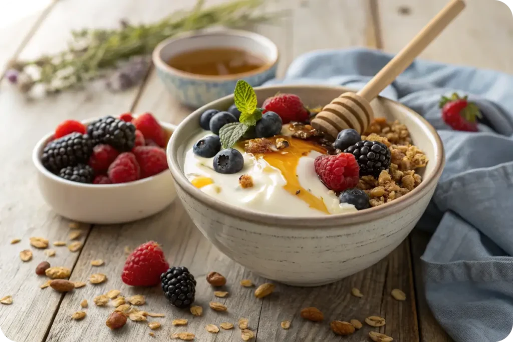 Skotidakis Greek yogurt bowl with berries and honey.