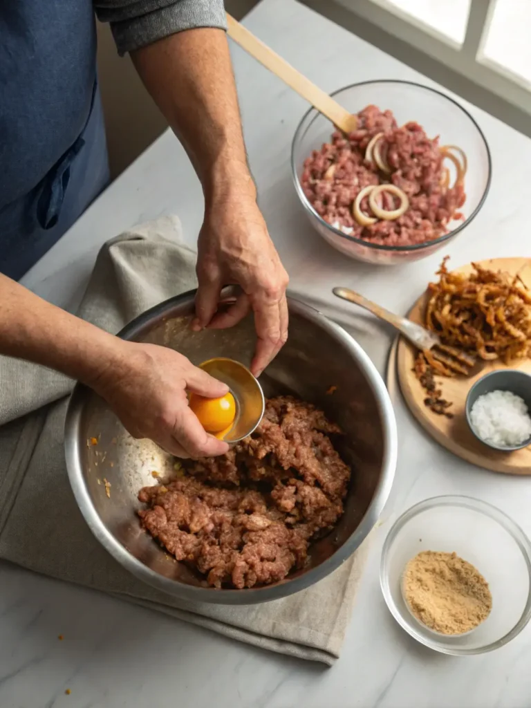 Mixing ingredients for French onion meatloaf recipe" Title: "Preparing French Onion Meatloaf