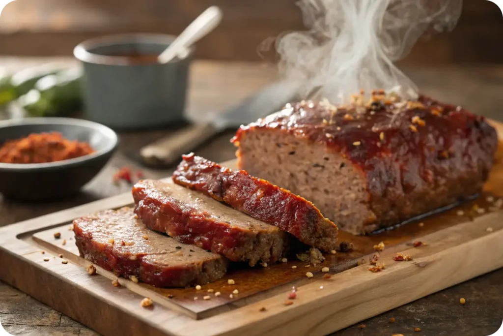Homemade spicy meatloaf sliced on wooden board showing juicy interior with visible spices