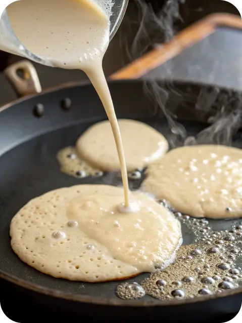 Protein pancake batter cooking on non-stick pan