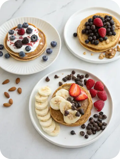 Three serving styles for protein pancakes with different toppings