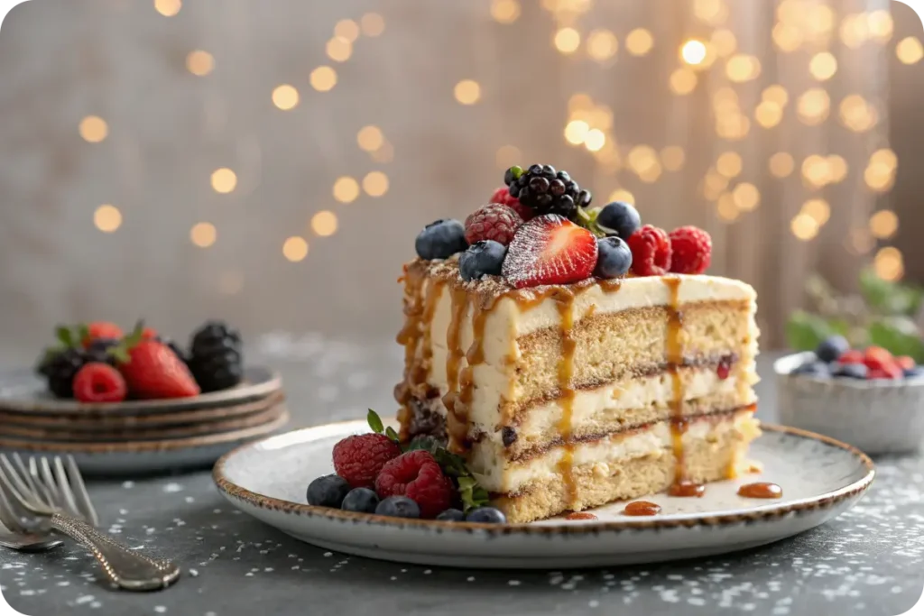 Decorated 1234 cake slice with berries and caramel
