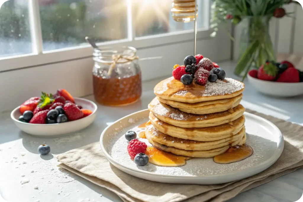 Homemade protein pancakes recipe with berries and maple syrup