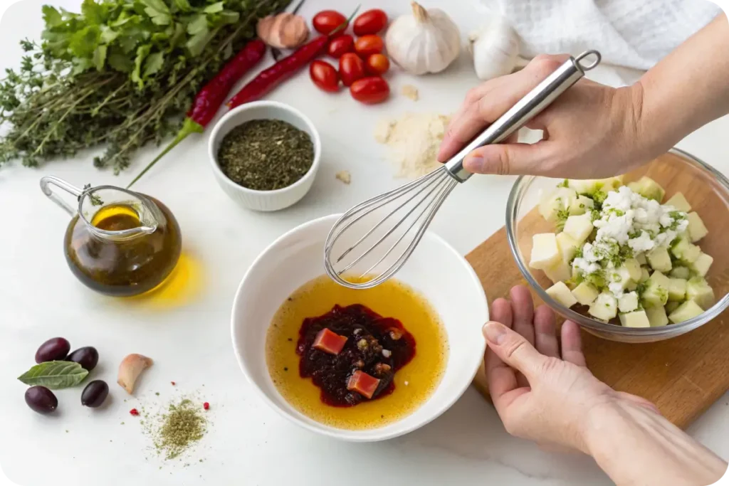Mixing Greek salad vinaigrette in a kitchen.