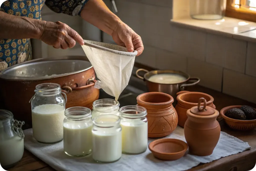 Traditional Greek yogurt straining process.