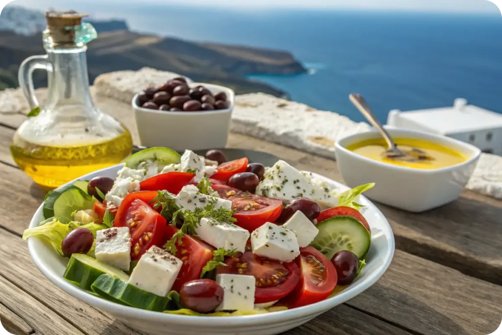 Authentic Greek salad with vinaigrette on a rustic table.