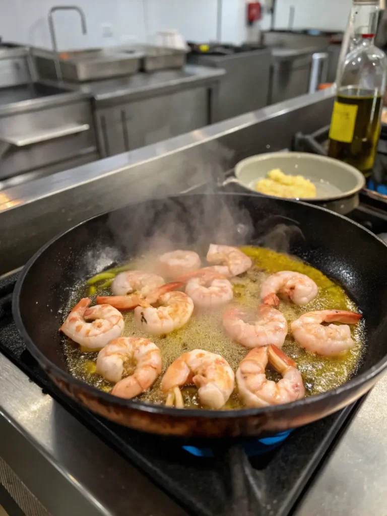 Cooking shrimp in butter and olive oil for scampi