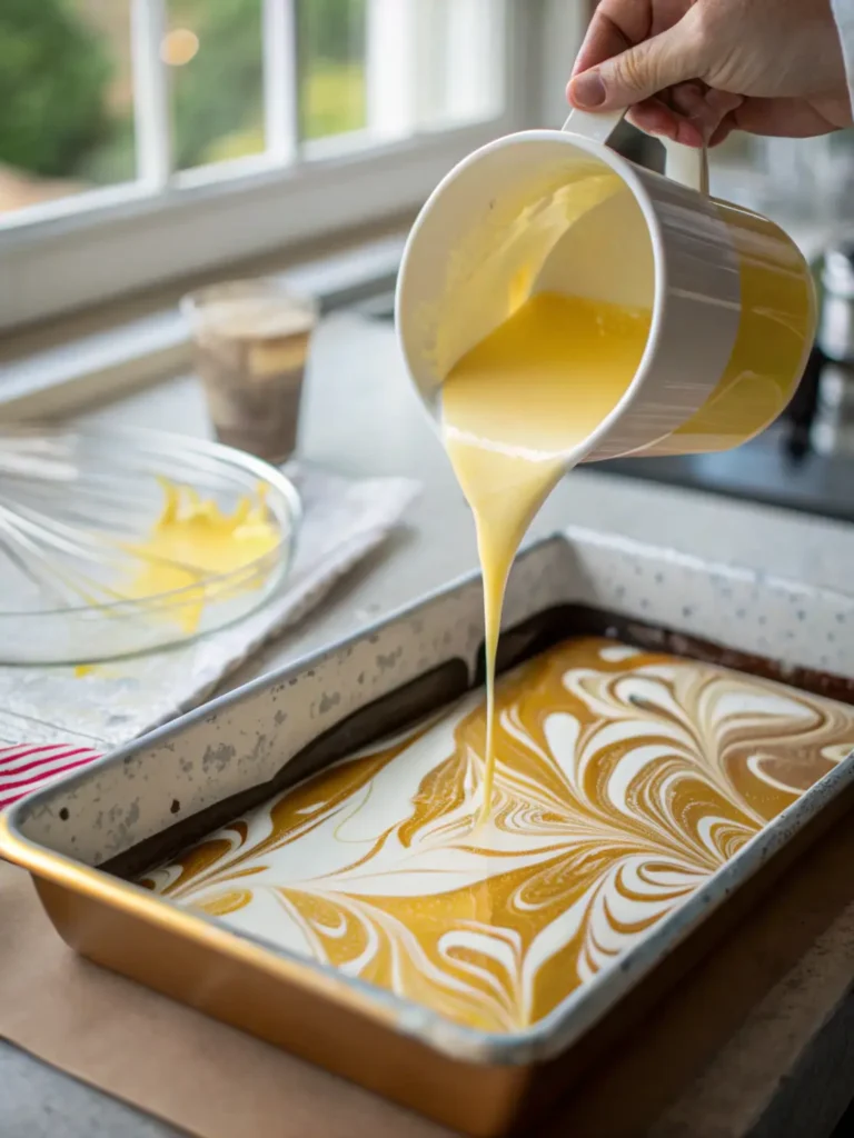 Pouring yellow and white daffodil cake batters into tube pan