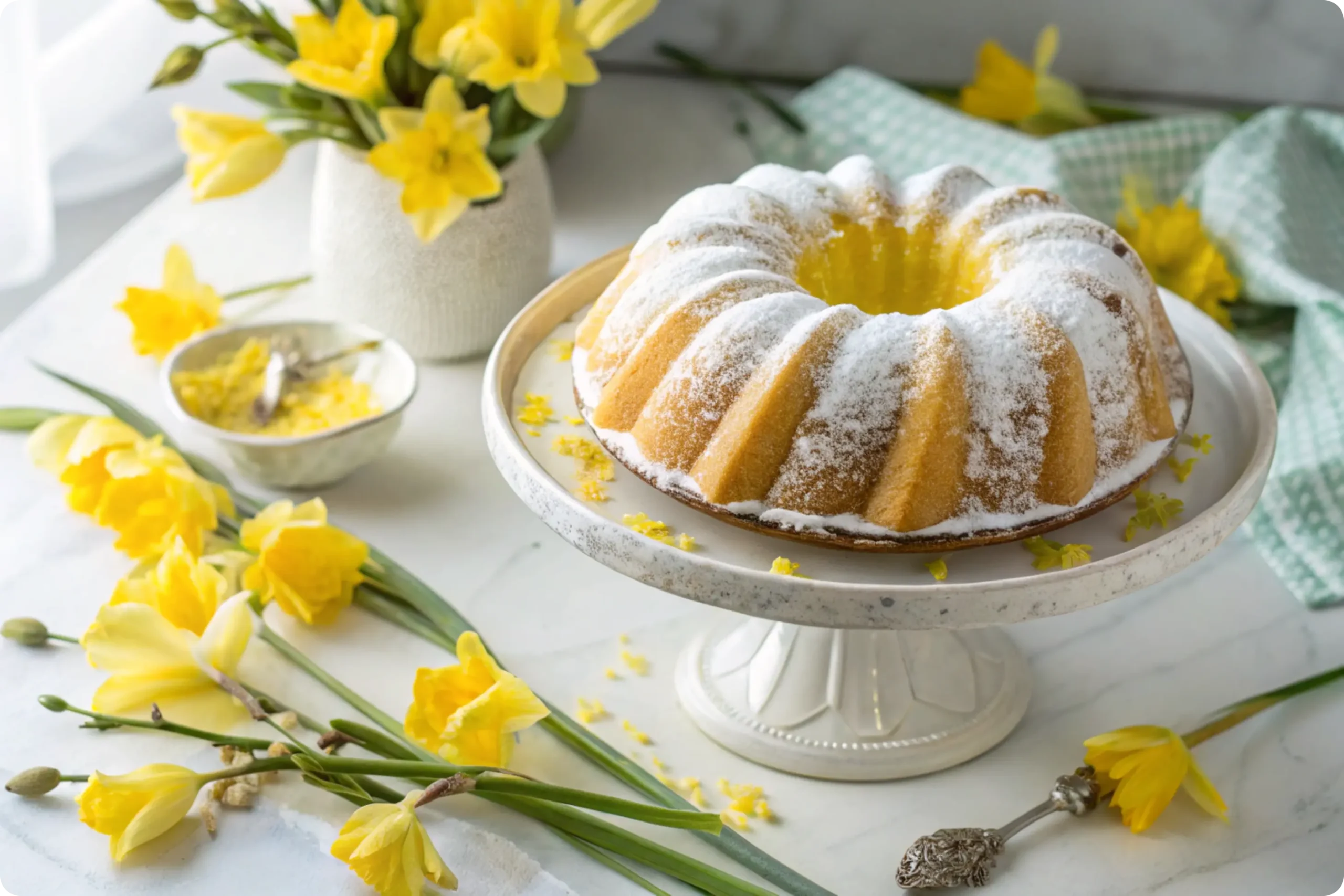 Homemade daffodil cake with yellow and white marbling on vintage cake stand