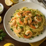 Homemade shrimp scampi with pasta in garlic butter sauce
