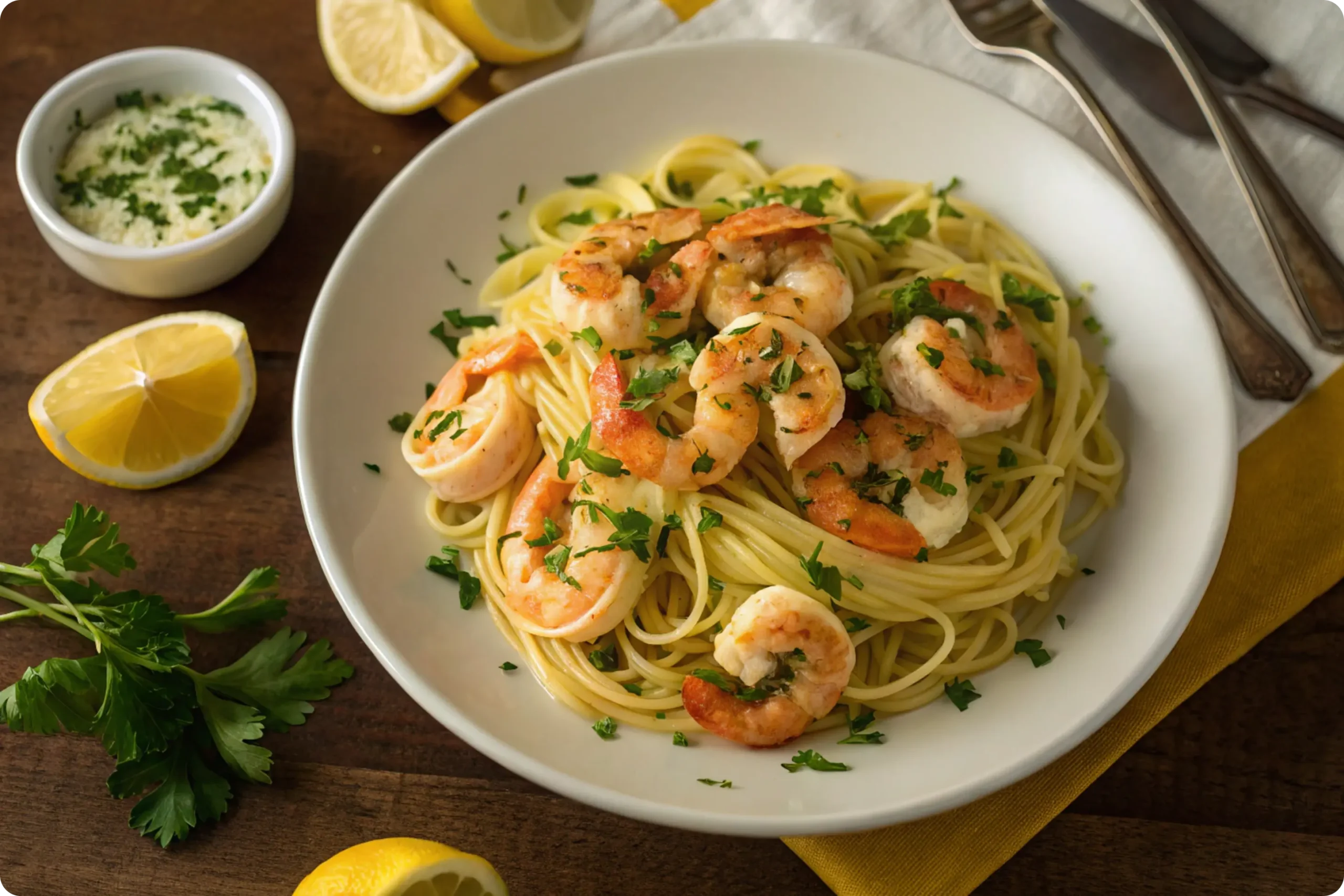 Homemade shrimp scampi with pasta in garlic butter sauce