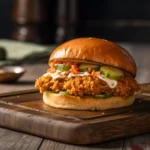 Popeyes spicy chicken sandwich showing crispy chicken filet, brioche bun and spicy mayo