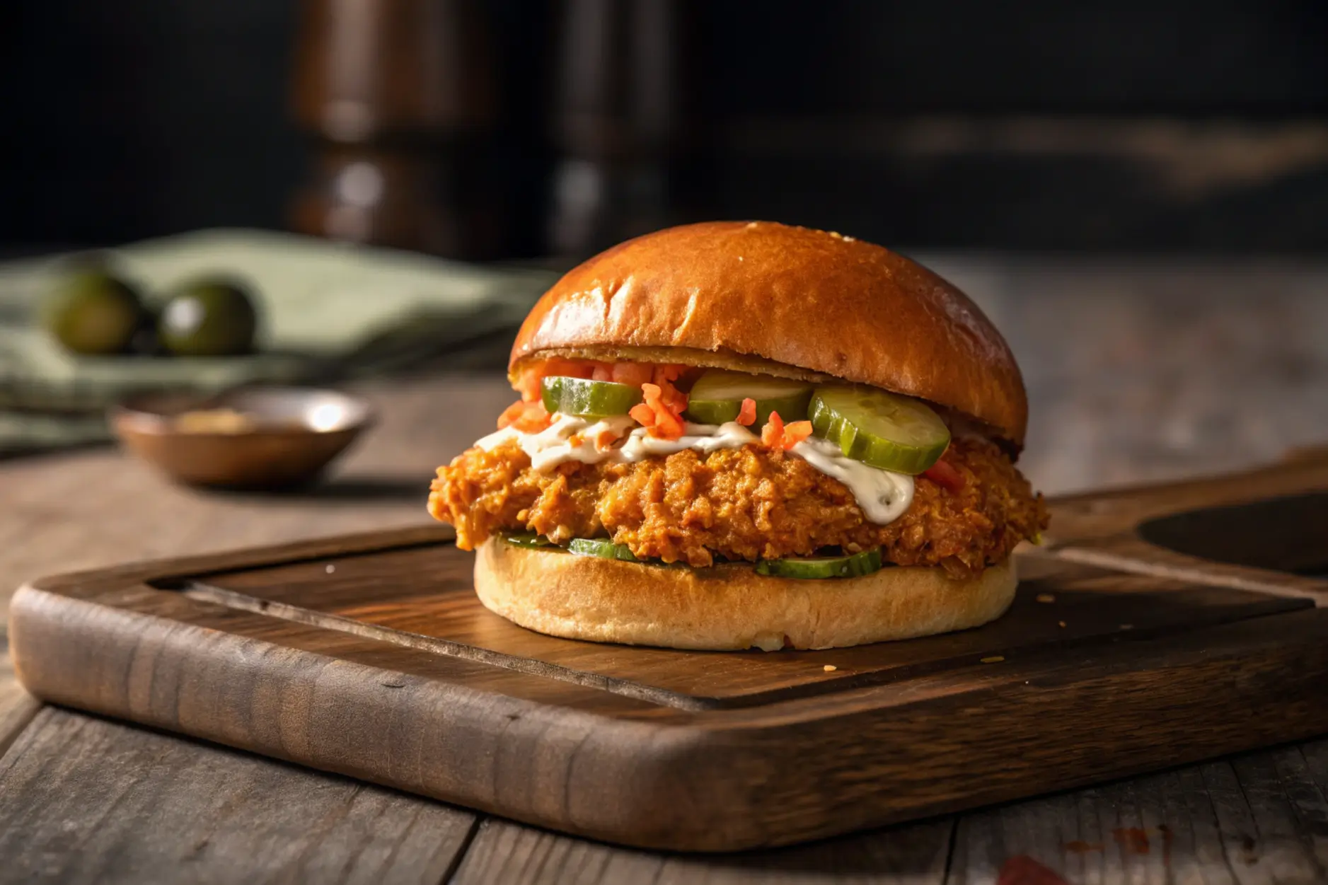 Popeyes spicy chicken sandwich showing crispy chicken filet, brioche bun and spicy mayo