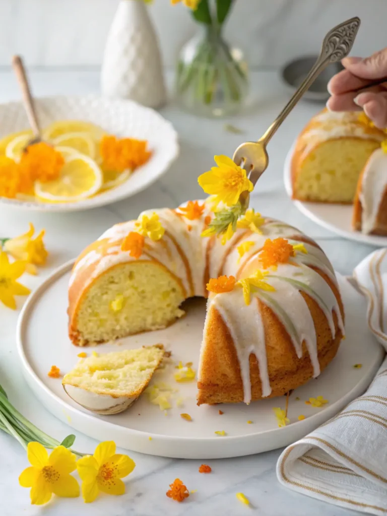 Sliced daffodil cake showing perfect texture and marbling