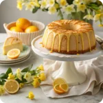 Whole daffodil cake with orange glaze on pedestal stand
