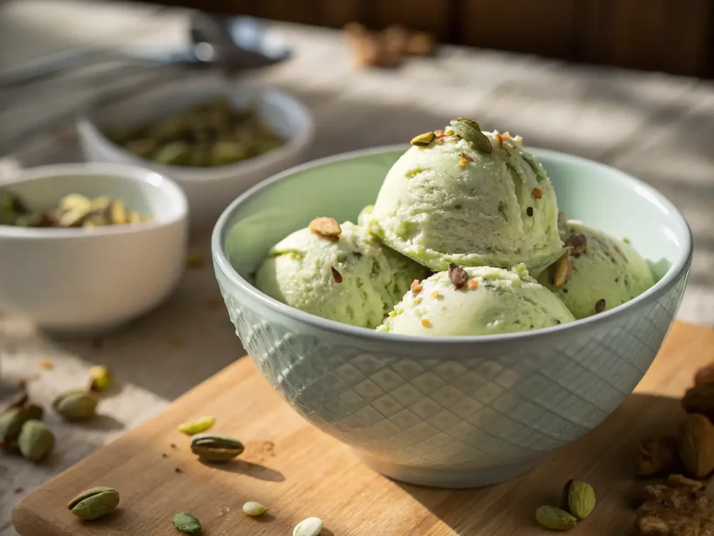 Creamy homemade pistachio ice cream with real pistachios