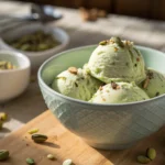 Creamy homemade pistachio ice cream with real pistachios