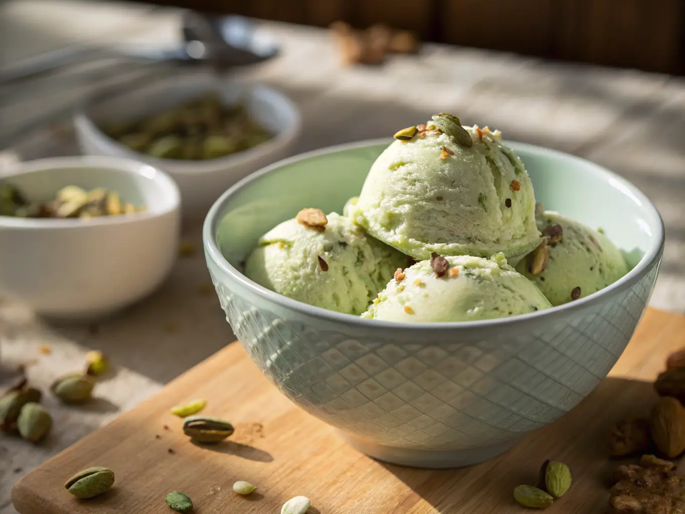 Creamy homemade pistachio ice cream with real pistachios