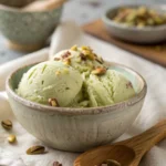 A scoop of homemade pistachio ice cream in a bowl, topped with crushed pistachios.