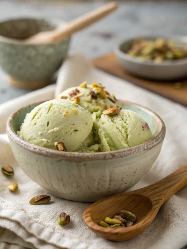 A scoop of homemade pistachio ice cream in a bowl, topped with crushed pistachios.