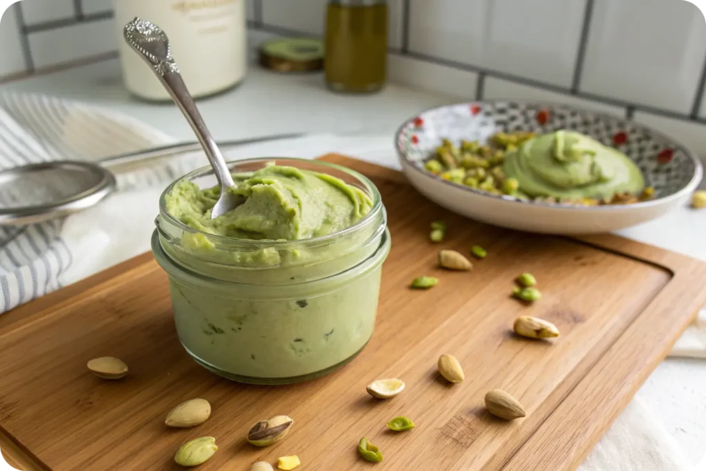 Homemade pistachio cream in a glass jar on wooden counter