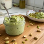 Homemade pistachio cream in a glass jar on wooden counter