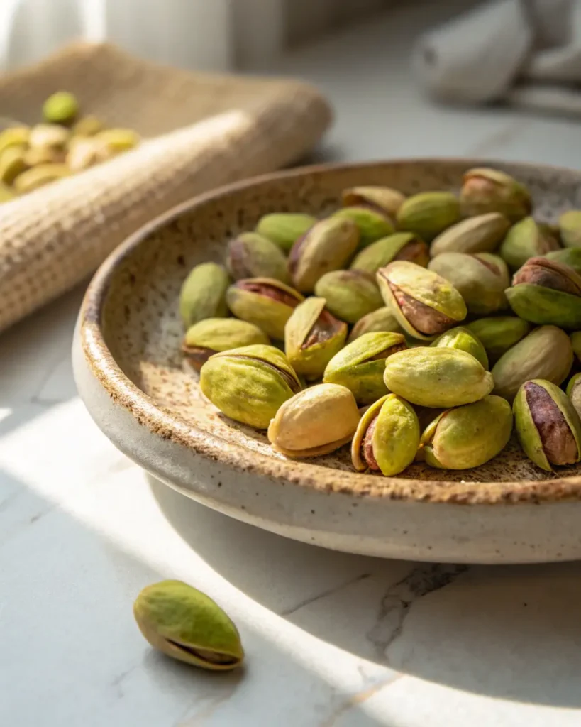 Close-up of raw green pistachios on a ceramic plate