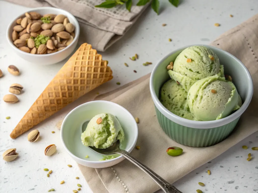 Scoop of pistachio ice cream in cone and bowl